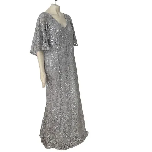 MARINA Silver Sequins & Lace Formal Maxi DressWeddingSZ 18W